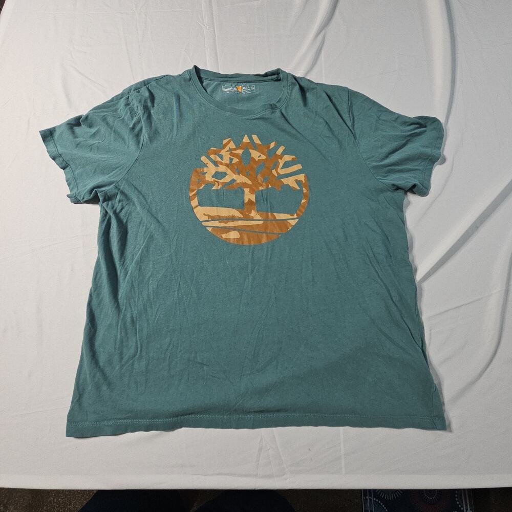 Timberland Mens Tree Logo Graphic T Shirt Green Teal Camo Print 100% Cotton XXL